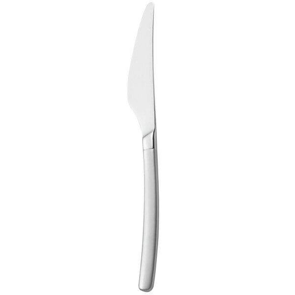 A Walco stainless steel dinner knife with a white handle and black border on a white background.