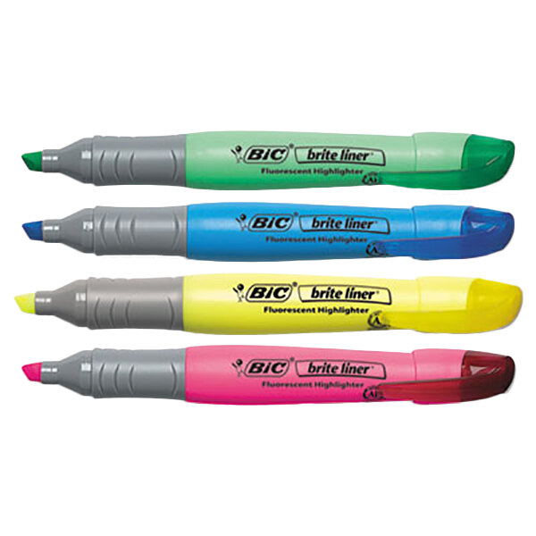 A pink package of Bic Brite Liner Grip highlighters with a blue and black logo.