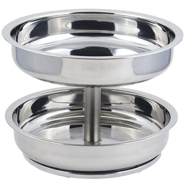 A silver stainless steel 2-tier seafood tower with two stainless steel bowls on top.
