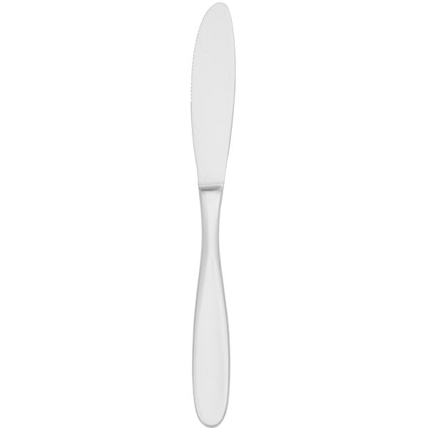 A silver Walco Modernaire dinner knife with a white background.