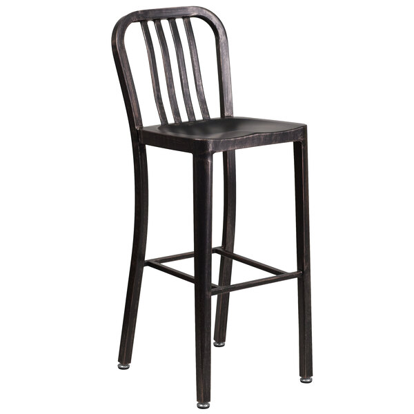 A Flash Furniture black metal outdoor bar height chair with a black seat and backrest.