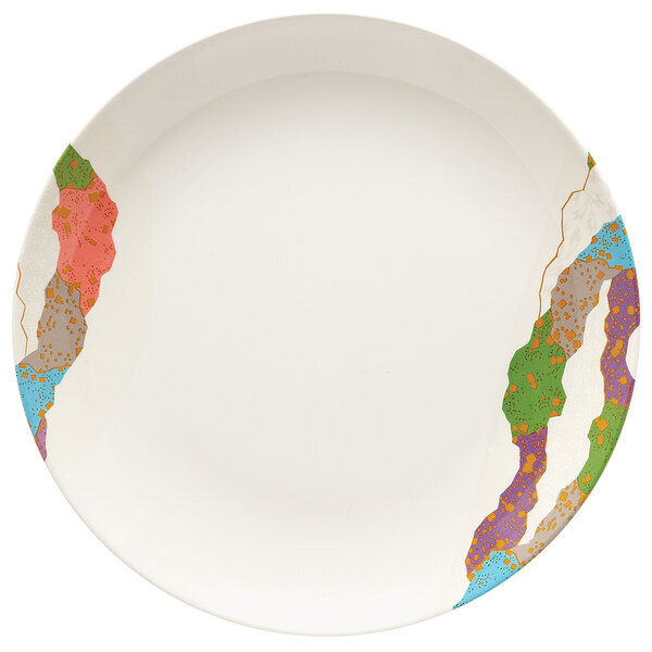 A white GET Contemporary Melamine round plate with colorful designs.