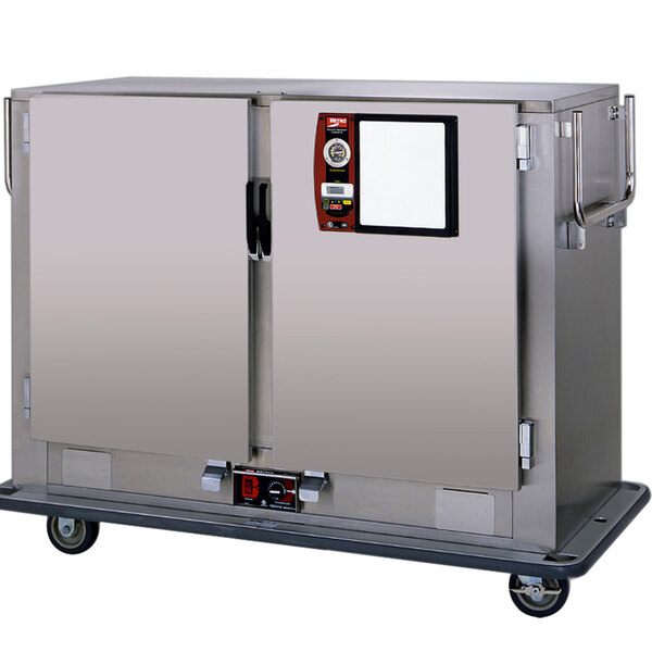 A stainless steel Metro heated banquet cabinet on wheels.