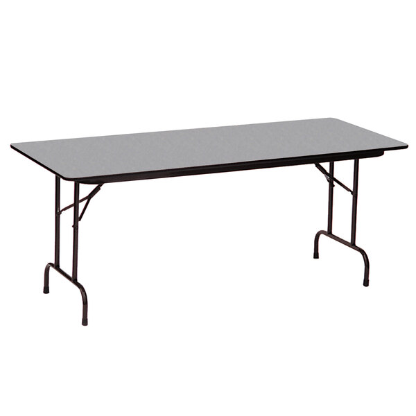 A grey rectangular Correll folding table with black legs.
