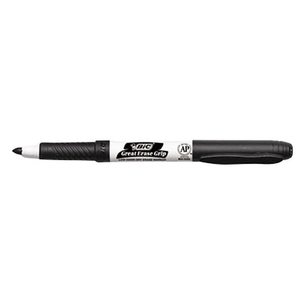 A Bic Great Erase Grip black marker with a white label and black tip.
