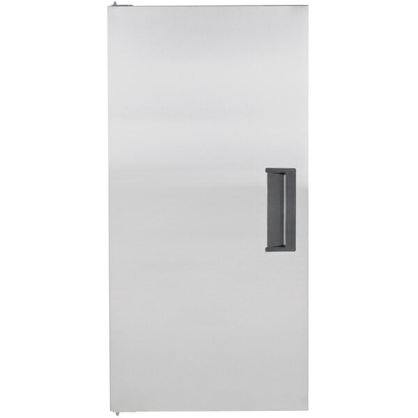The open door of a white Avantco refrigerator with a metal handle.