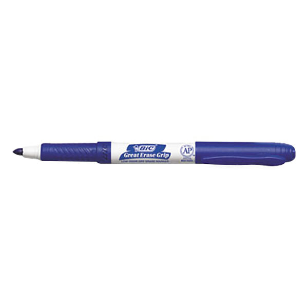 A close up of a Bic blue dry erase marker with a white label.