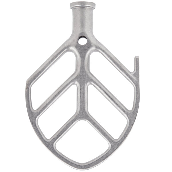 A stainless steel flat beater with a handle and holes.