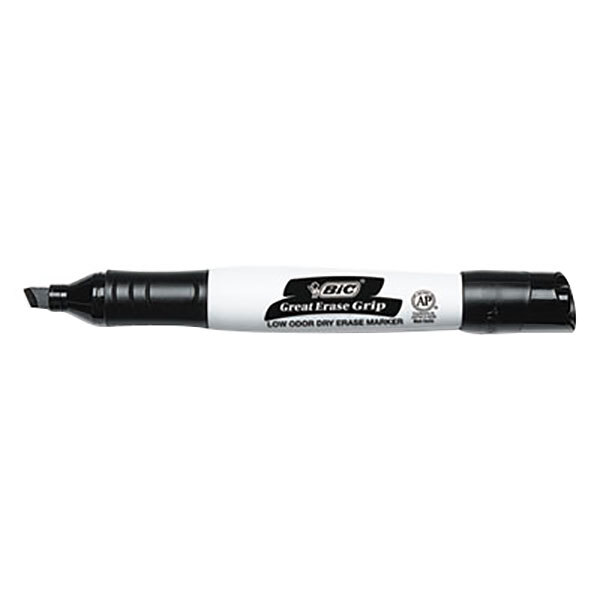 A close up of a Bic black and white dry erase marker.