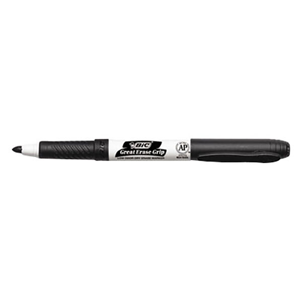 A close up of a Bic black marker pen with a white label.