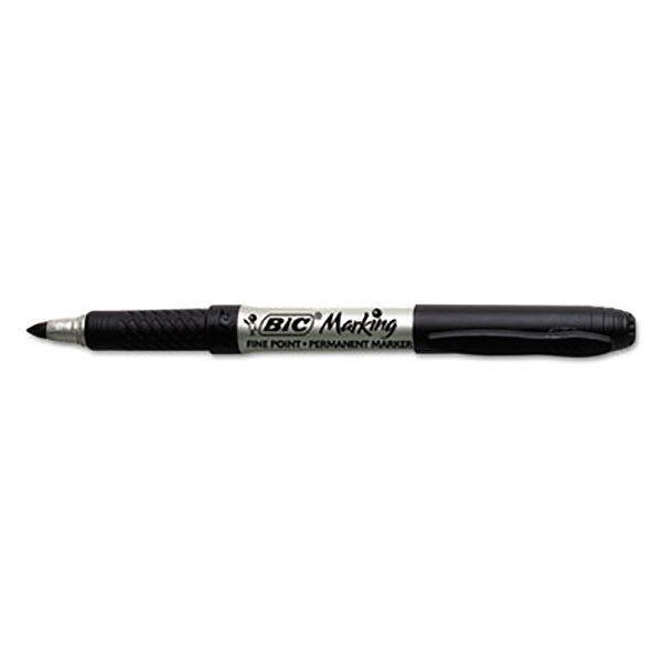 A Bic Tuxedo Black permanent marker with a silver tip.