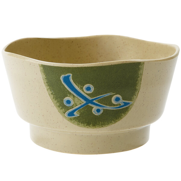 A white GET melamine bowl with a blue and white Japanese design on the edge.