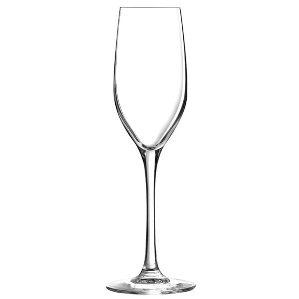 A close-up of a Chef & Sommelier Sequence clear wine glass with a long stem.