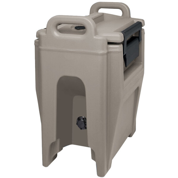 A grey plastic Cambro Ultra Camtainer with a handle.