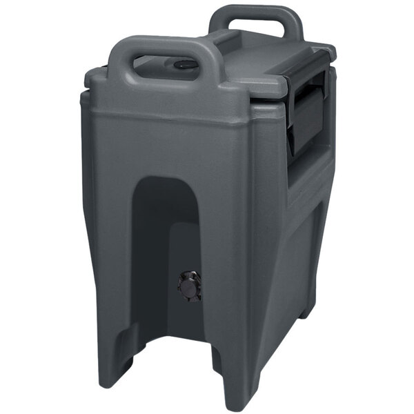 A grey plastic Cambro insulated soup carrier with a lid and handle.