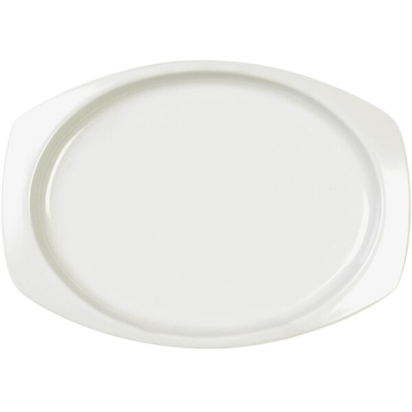 A white rectangular melamine platter with a small rim.