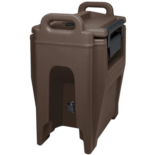 A brown plastic Cambro soup carrier with a black handle.