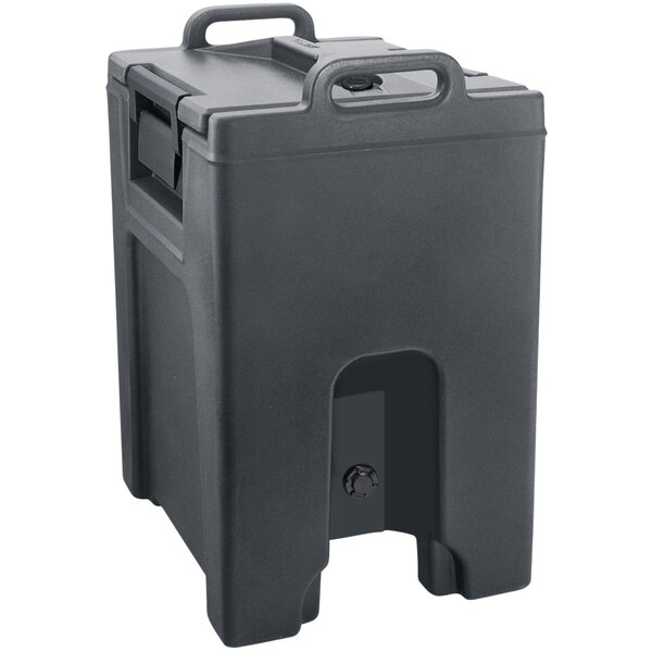 A black plastic container with a lid and a handle.