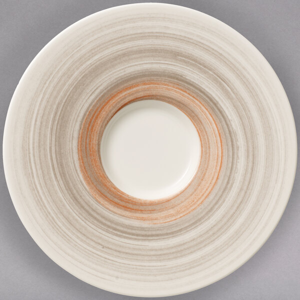A taupe porcelain saucer with a circular rim.