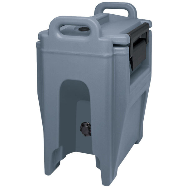 A grey plastic Cambro insulated soup carrier with a black handle and lid.