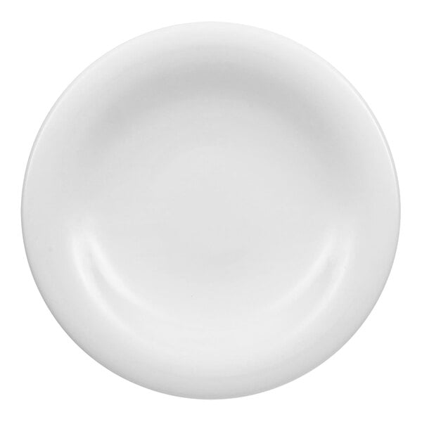 A close up of a Villeroy & Boch white porcelain plate with a white rim.