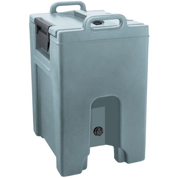 A grey plastic Cambro insulated soup carrier with a black handle.