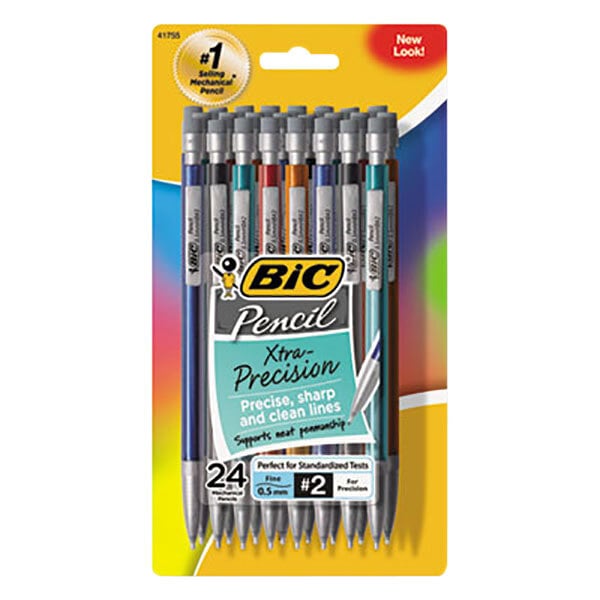 A yellow Bic package of 24 Xtra-Precision HB #2 Mechanical Pencils with assorted barrel colors.