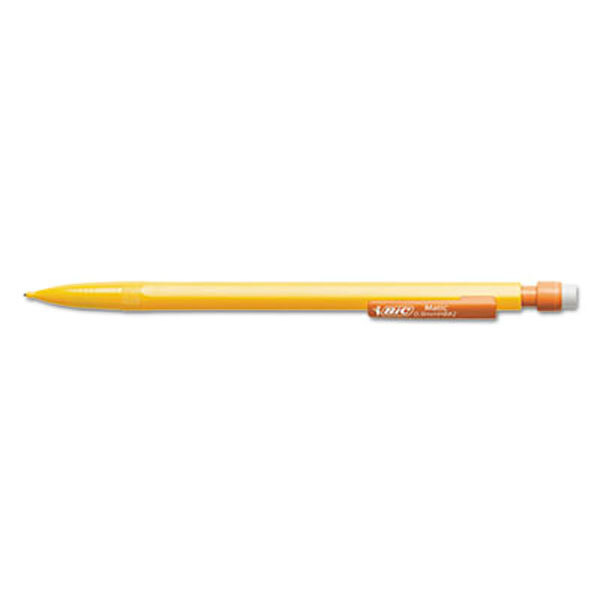 A yellow mechanical pencil with an orange tip.