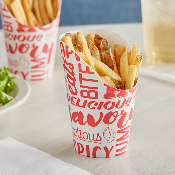 A white Choice paper scoop cup with hot food print filled with french fries.