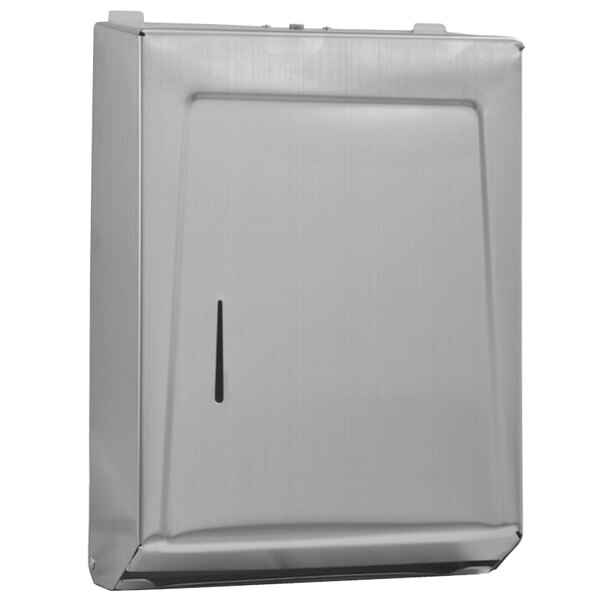 A silver rectangular Eagle Group paper towel dispenser with a black handle.