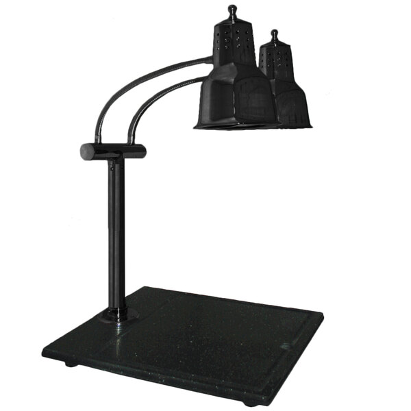 A black Hanson Heat Lamps carving station with two bulbs.
