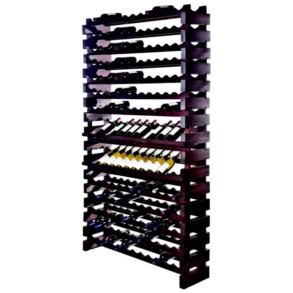 A Franmara stained wooden wall mount wine rack with many bottles of wine on it.