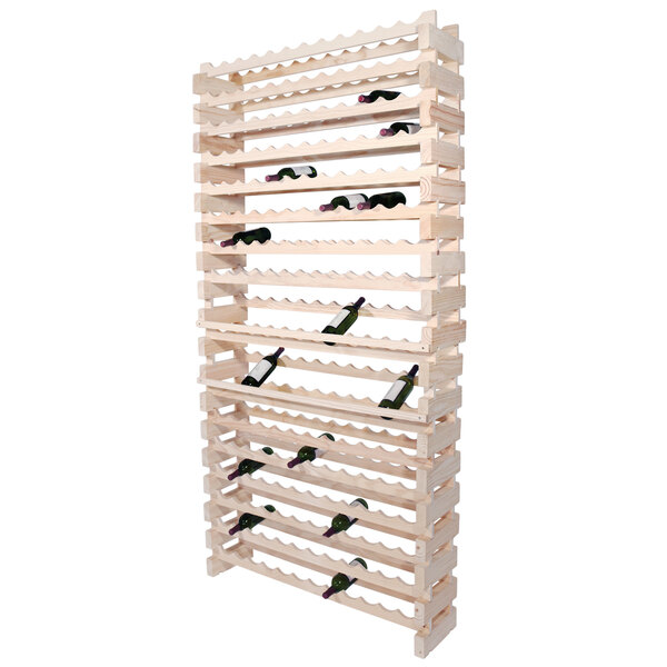 A Franmara natural wooden wine rack with bottles on it.