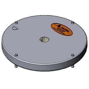 A circular metal plate with an orange and white label.