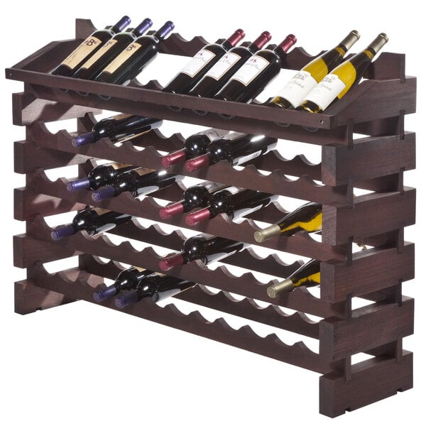 A Franmara stained wooden wine rack with wine bottles on it.