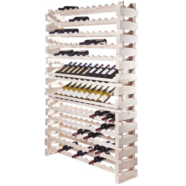 A Franmara Modularack Pro natural wooden wine rack with bottles of wine on it.