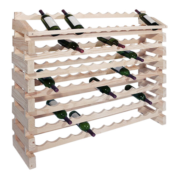 A Franmara natural wooden wine rack with several bottles on it.