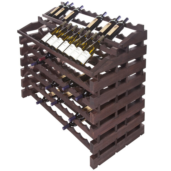 A Franmara stained wooden wine rack holding wine bottles.