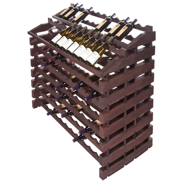 A Franmara stained wooden Modularack Pro wine rack with bottles of wine on it.