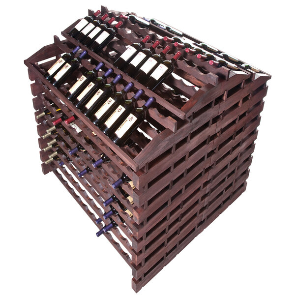 A Franmara stained wooden wine rack with bottles of wine on it.