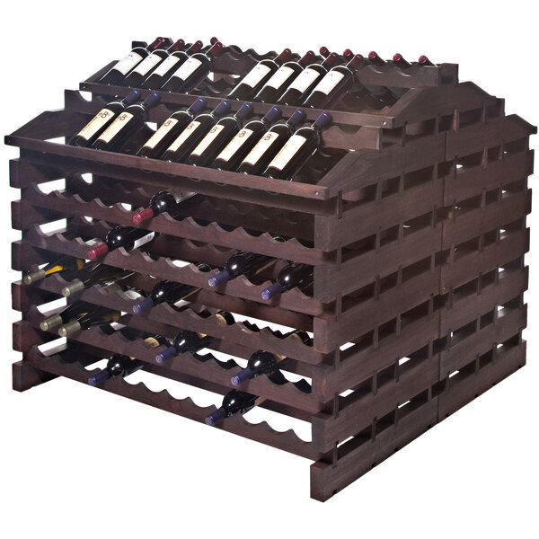 A stained wooden Franmara Modularack Pro wine rack holding a row of wine bottles.