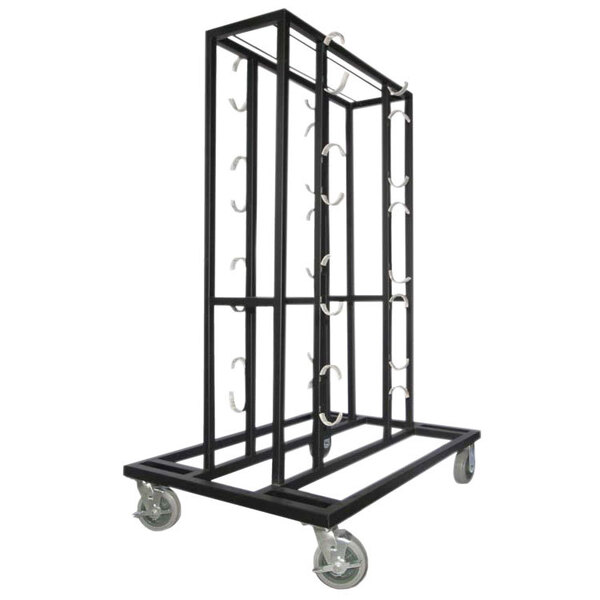 A black metal Aarco Form-A-Line transport cart with white metal rods.