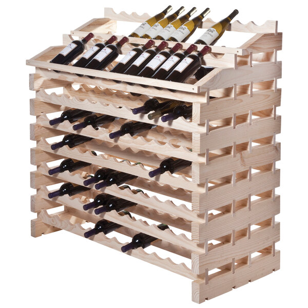 A Franmara natural wooden wine rack with wine bottles on it.