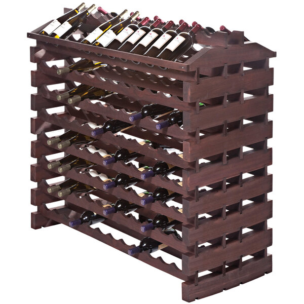 A Franmara Modularack Pro stained wooden wine rack filled with wine bottles.