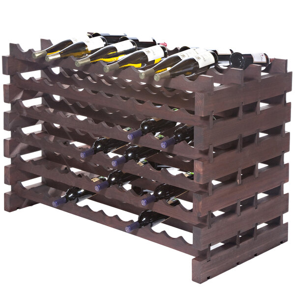 A Franmara stained wooden wine rack with bottles on it.