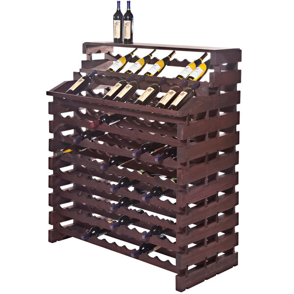 A Franmara Modularack Pro Waterfall Deluxe wooden wine rack filled with wine bottles.