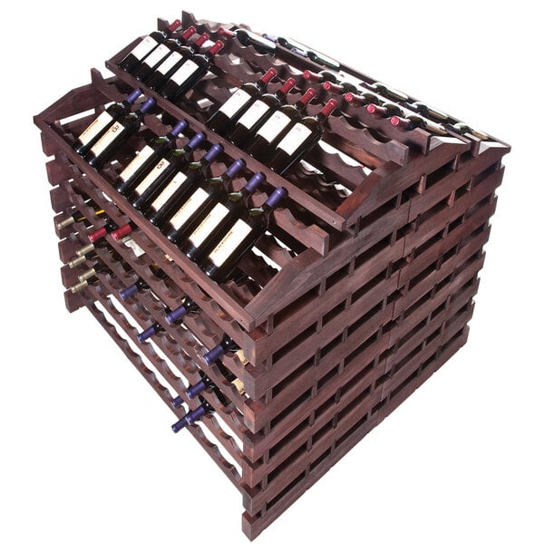 A Franmara stained wooden wine rack holding a row of wine bottles.