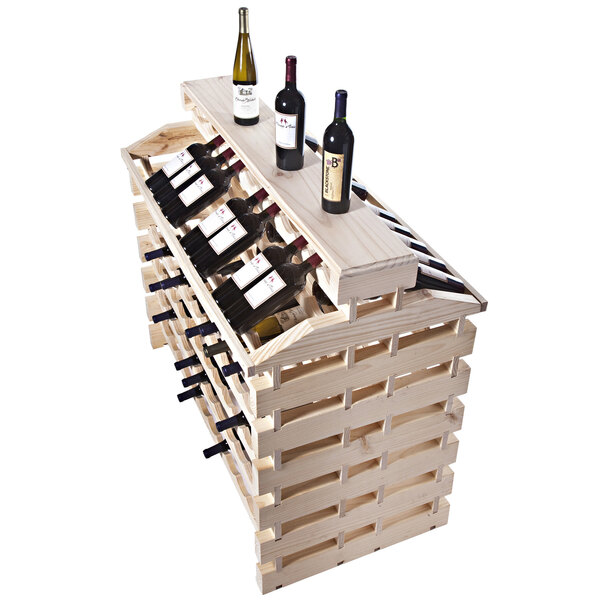 A Franmara natural wooden wine rack filled with bottles of wine.
