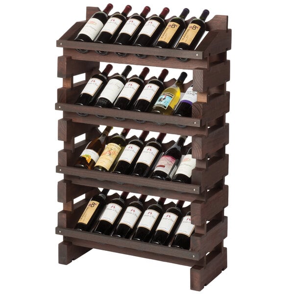 A Franmara stained wooden wine rack filled with 24 bottles of wine.