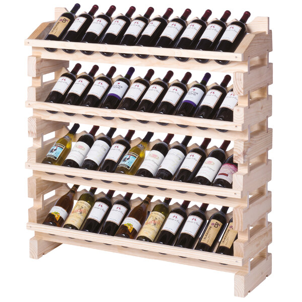 A Franmara natural wooden wine rack filled with several wine bottles.